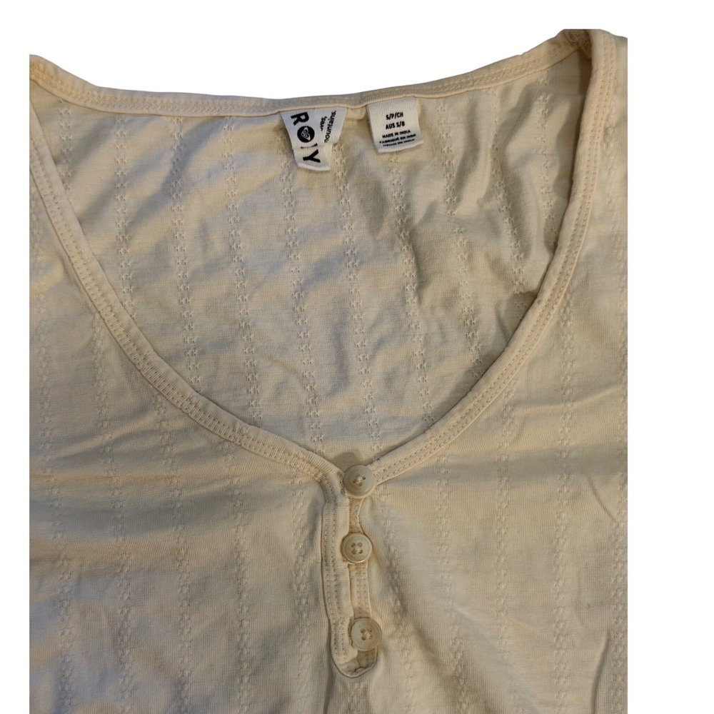 Y2K Roxy Cream Pointelle Knit Long Sleeve Henley Cropped Top Small Coquette Surf - Picture 3 of 6